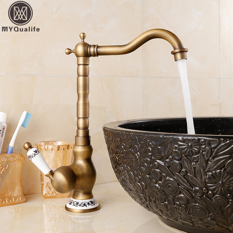 Antique Brass Bathroom Kitchen Sink Faucet Deck Mount Hot and cold Crane Vanity Sink Mixer Taps Blue and white porcelain Handle ► Photo 1/6