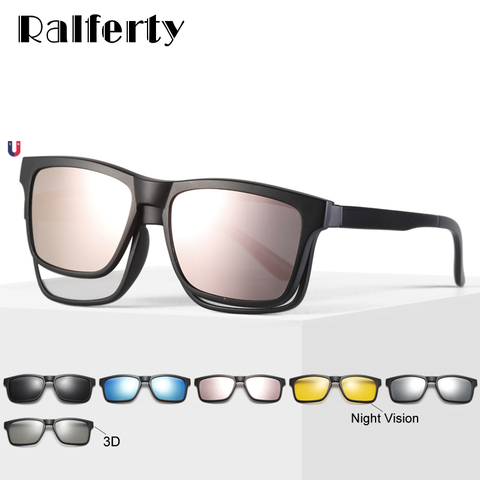 Ralferty Polarized Magnet Sunglasses Women Men Clip On Glasses Square Optic Myopia Spectacle Pink 6 In 1 Eyeglass Frames A2202 ► Photo 1/6