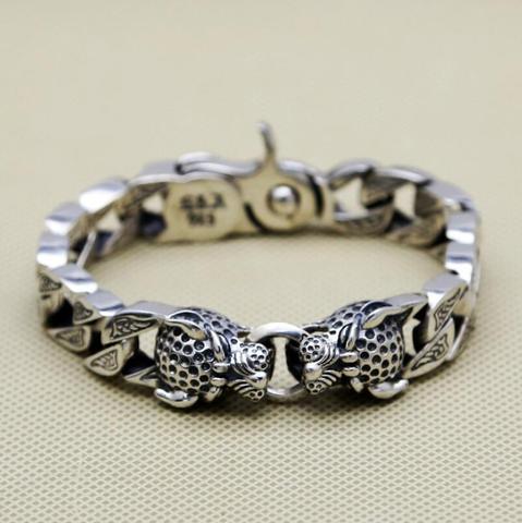 S925 Sterling Silver Carved Double Leopard Head Large Thick Hand Chain S925 Bangle Bracelet ► Photo 1/1