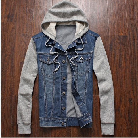 2022 Men's Stitched Denim Jacket Detachable Rice Knit Sleeve Hooded Jacket ► Photo 1/3