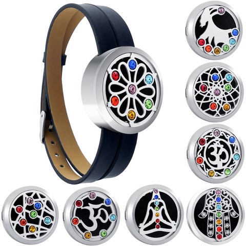 30mm Chakra Aromatherapy Locket Bracelets Genuine leather Essential Oils Stainless Steel Diffuser Perfume Locket Bangle with Pad ► Photo 1/1