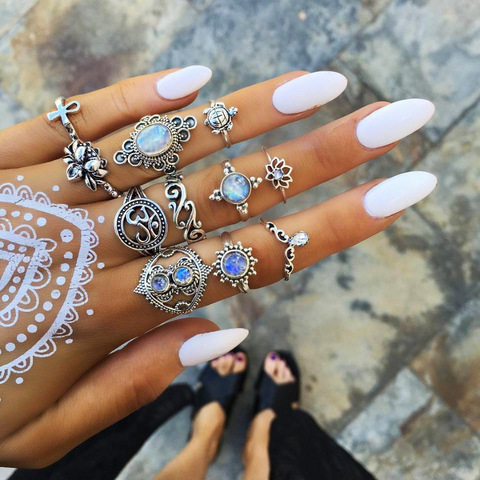 Bague Femme Vintage Rings for Women Boho Geometric Flower Crystal Knuckle Ring Set Bohemian Midi Finger Jewelry Silver Color ► Photo 1/1