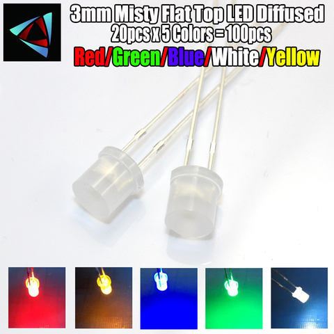 20pcs x 5 Colors = 100pcs 3mm 2pins Misty Flat Top LED Diffused White Red Yellow Blue Green Wide Angle light emitting diode lamp ► Photo 1/1