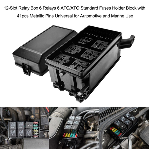 12-Slot Relay Box 6 Relays 6 ATC ATO Standard Fuses Holder Block 41pcs Metallic Pins Universal for Automotive and Marine Use ► Photo 1/1