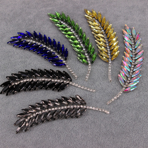 9.5x2.5cm AB Rhinestone Leaves feather Brooches Fashion Embroidered Patch Iron on Sewing Crystal Applique For Suit dress Jewelry ► Photo 1/6