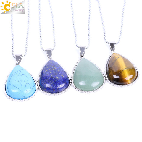 CSJA Natural Stone Necklace & Pendant Water Drop Shape Silver-color Stainless Steel Flat Back Crystal Beads Women Jewelry F149 ► Photo 1/6