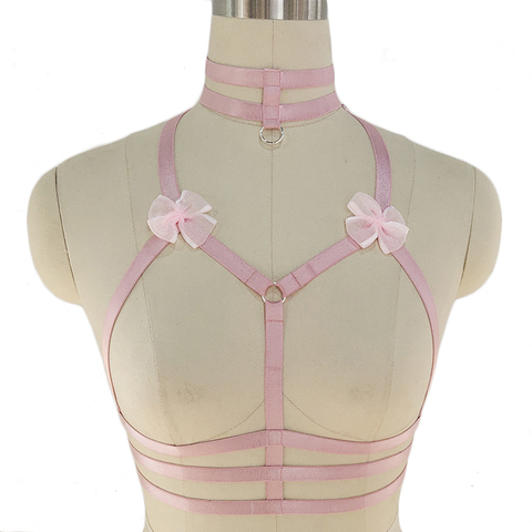 Original Design Pink Collar Bow Harness Bra Kawaii Open Chest Bondage Body Cage Pastel Gothic Body Harness Belt ► Photo 1/6