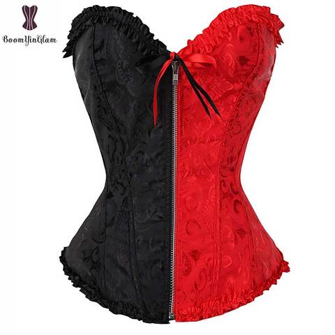 Floral Overbust Corset Laciness Zipper Bustier Elastic Boned Plus Size Gothic Korset Night Clubwear Corselet Side Red Side Black ► Photo 1/1