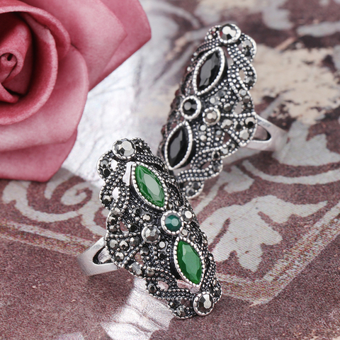 Wbmqda Vintage Black Rings For Women Tibetan Silver Gray Crystal Flower Boho Jewelry Anel Size 7 8 9 10 ► Photo 1/6