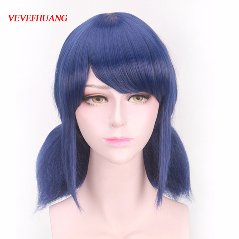 VEVEFHUANG LB Wigs Peluca Marinette Girls Women Cosplay Double Ponytail Braids Short Straight Blue Hair ► Photo 1/6