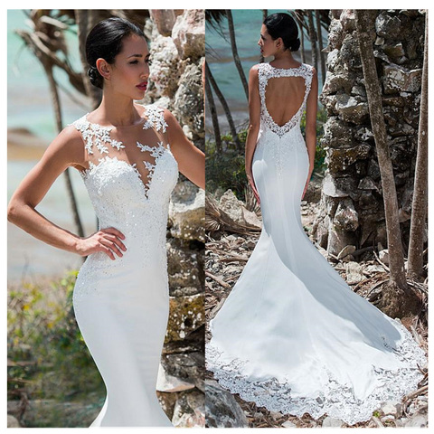 LORIE Sexy Mermaid Wedding Dress Sleeveless Lace Appliqued Illusion Back Boho Wedding Gown Long Train Bride Dress ► Photo 1/5