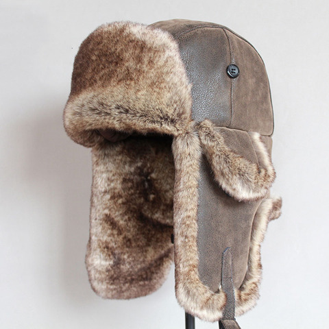 Bomber Hats Winter Men Warm Russian Ushanka Hat with Ear Flap Pu Leather  Fur Trapper Cap  Earflap ► Photo 1/6