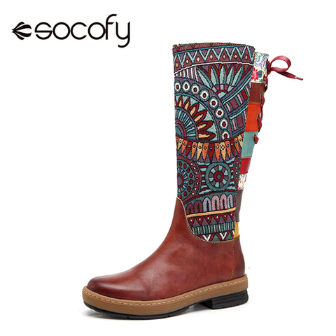 Socofy Vintage Mid-calf Boots Women Shoes Bohemian Retro Genuine Leather Motorcycle Boots Printed Side Zipper Back Lace Up Botas ► Photo 1/6