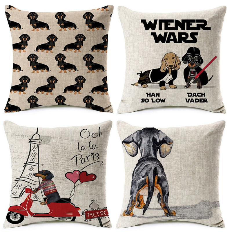 Pillowcase Cotton Linen Pillow Cover Cartoon Dachshund Dogs Cushion Cover Throw 