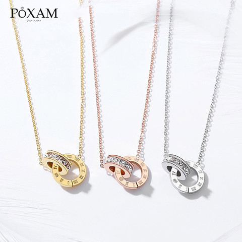 POXAM Luxury Elegant Crystal Choker Fashion Roman Digital Stainless Steel Gold Silver Color Pendant Necklaces for Women Jewelry ► Photo 1/6