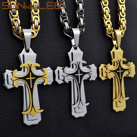 SUNNERLEES 316L Stainless Steel Jesus Christ Cross Pendant Necklace Byzantine Link Chain Silver Gold Black Men Boys Gift SP208 ► Photo 1/6