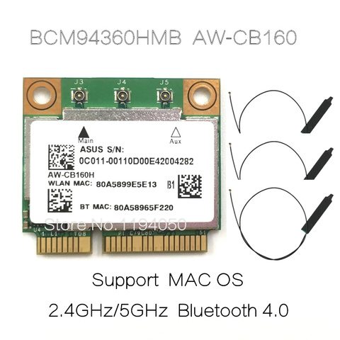 AzureWave AW-CB160H Broadcom BCM94360HMB 802.11AC 1300Mbps Wireless WIFI WLAN Bluetooth 4.0 Mini PCI-E Card + 20cm MHF4 Antenna ► Photo 1/6