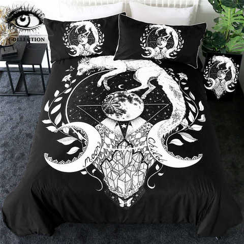 Moon Child Black by Pixie Cold Art Bedding Set White Fox Duvet Cover Galaxy Planet Bedclothes Animal Floral Home Textiles 3pcs ► Photo 1/6