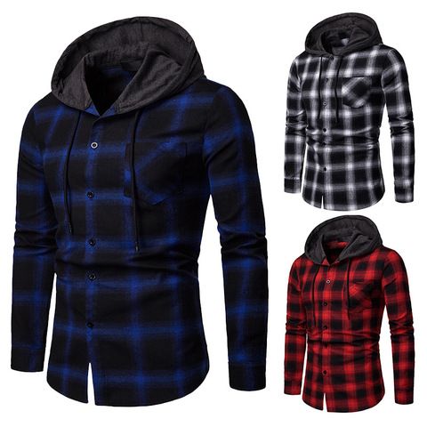 Mens Shirts New Arrrival Spring and Autumn Plaid Casual Hooded Long-sleeve Shirt ► Photo 1/6