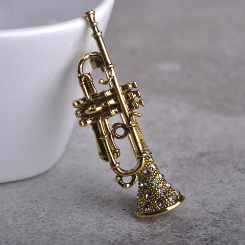 Blucome Vintage Saxophone Shape Brooches For Woman Musician Gift Crystal Antique Gold Color Musical Instrument Brooch Hijab Pins ► Photo 1/6