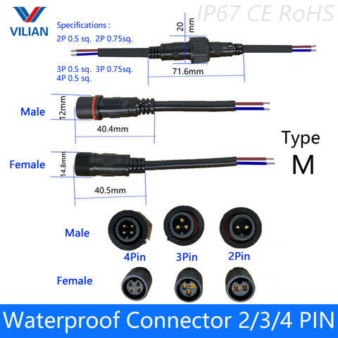 5 pairs Waterproof connector Current 4A/6A 2 pin / 3 pin / 4 pin  with wire cable IP67 female to male plug  0.5/0.75(mm2) ► Photo 1/5