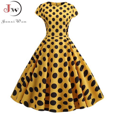 Yellow Polka Dot Print Women Summer Dress Vintage Swing Rockabilly Dress Robe Femme Elegant Party Plus Size Casual Midi Vestidos ► Photo 1/6