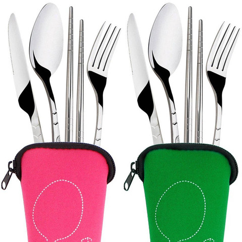 4 Pcs/Set Stainless Steel Fork Spoon Chopsticks Travel Camping Cutlery Tools Portable Tableware Spoon Fork Knife Steel Cutlery ► Photo 1/6