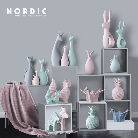 Nordic Pink Green Ceramic Deer Rabbit Figurines Home Decoration Crafts Livingroom Desktop Animal Ornaments Modern Wedding Gifts ► Photo 1/6