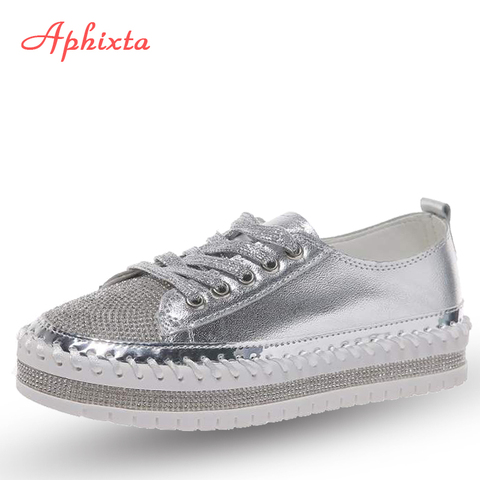 Aphixta Loafers Shoes Women Luxury Silver Crystal Lace-up Platform Shoes Woman Sequined Cloth Bling Crysta Black Flat Heels Shoe ► Photo 1/6