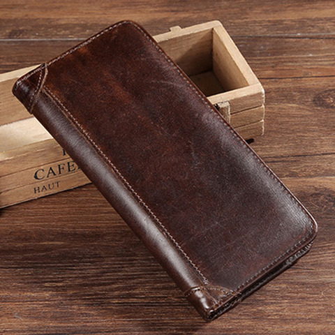 Genuine Leather  Purse Real Cowhide Men Bifold Purse Long Designer Cash Coin Pocket Card Holder Clutch Bag Vintage Male Wallet ► Photo 1/6