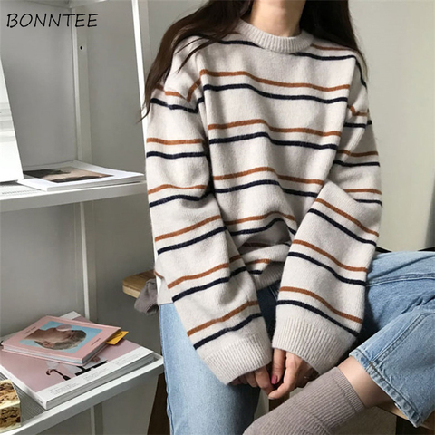 Pullovers Women Soft Autumn O-Neck Sweaters Chic Daily Tops Womens Pullover Sweet Student Striped Harajuku Knitted Loose Outwear ► Photo 1/6