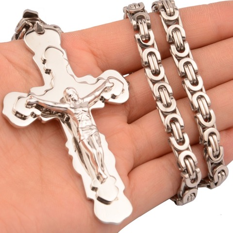 New Fashion 316 Stainless Steel Men Women Silver Color Cross Pendant Necklace with 6mm 18-30 Inch Byzantine Link Chain ► Photo 1/6