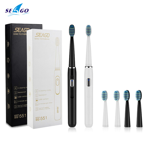 Seago SG-551 Sonic Adult Electric Toothbrush Smart Timer 4 Modes Deep Oral Clean USB Rechargeable Toothbrush with 3 Brush Heads ► Photo 1/6