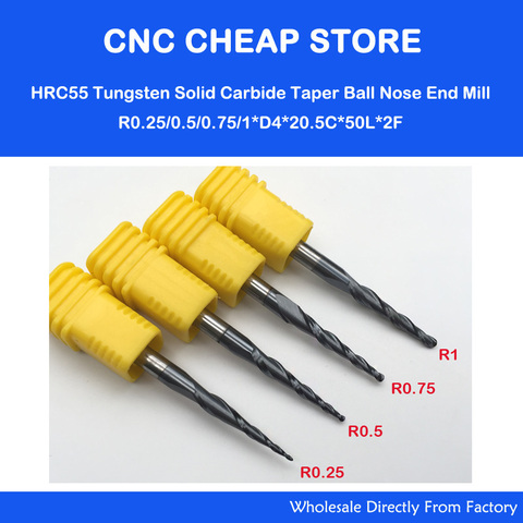 4PCS/Lot R0.25&0.5&0.75&1.0mm 4mm Shank 50L HRC55 Tungsten solid carbide Tapered Ball Nose End Mills and cone CNC Milling cutter ► Photo 1/1