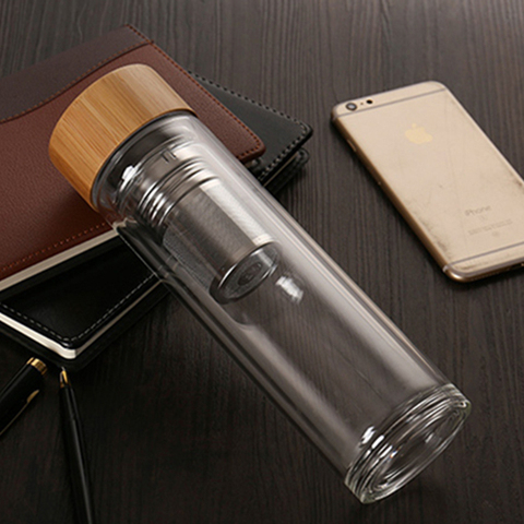 Tea Bottle Glass Bottled Water Bottle Infuser With Filter Strainer Borosilica Double Wall Drink Bamboo Lid 450ml Car Drinkware ► Photo 1/6