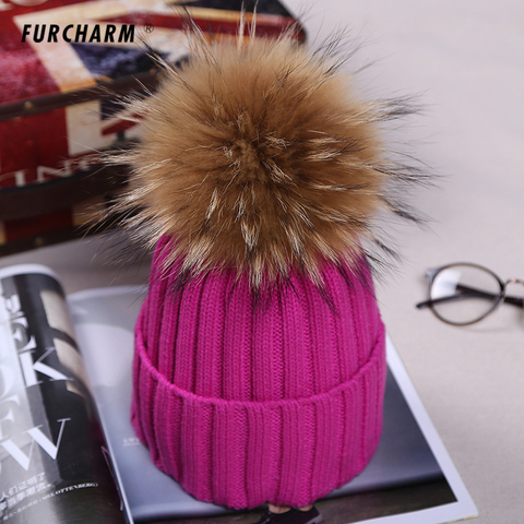 Fashion Women's Winter Knitted Fur Beanie Hats With 16cm Real Raccoon Fur Pompoms Caps Ear Protect Causal Fur Hats For Women ► Photo 1/6