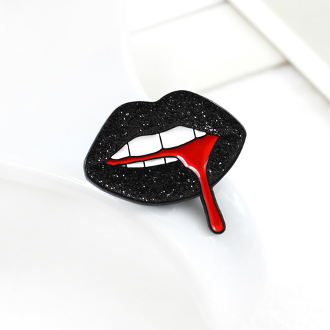 Black Shiny Lips Brooch Biting Tongue out Red Blood Personality Badge Denim Shirt Fashion Accessories Funny Romantic Jewelry ► Photo 1/6
