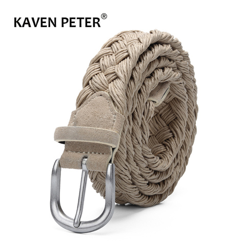 Men Suede Leather Knitted Belt With Wax Rope Braided Strap Antique Silver Buckle Without Holes Cotton Weave Handwork Belts Beige ► Photo 1/6