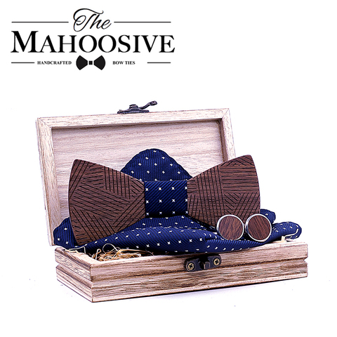 Men's Plaid Wooden Bow Tie Set Striped Wood Bowtie Handkerchief Cufflinks Sets With Wood Box For Men Wedding Gift ► Photo 1/6