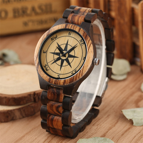 Stylish Compass Pattern Display Wood Watch Mens Watch Quartz Movement Solid Wooden Watchband Luxury Men's Timepiece New 2022 ► Photo 1/1
