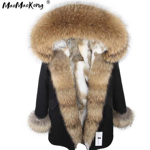 Fashion Women Parkas Rabbit Fur Lining Hooded Long  Coat Outwear Army Green Large Raccoon Fur Collar Winter Warm Jacket DHL ► Photo 1/6