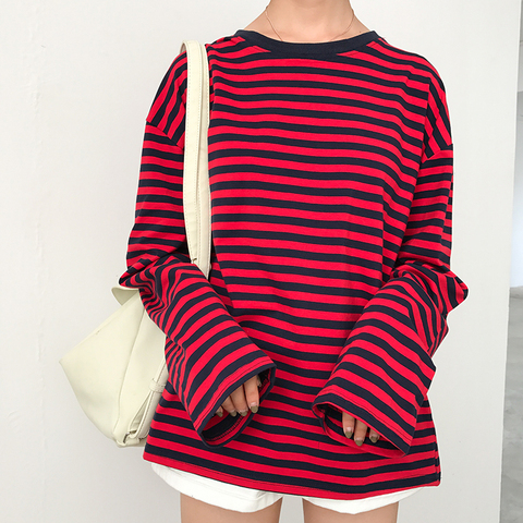 2017 New Vintage Fashion Basic Loose Casual Striped All Match Simple Long Sleeve Female T-shirts ► Photo 1/6