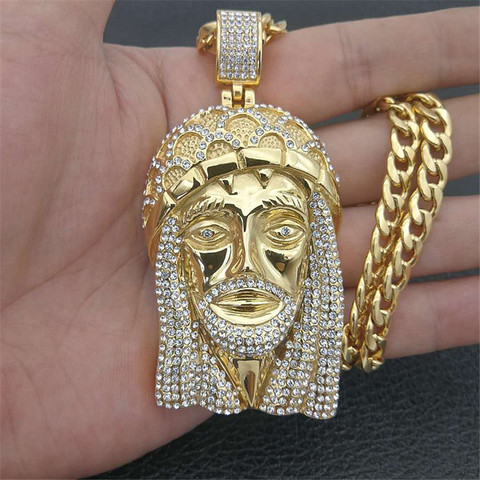 Hip Hop Men Gold Color Iced Out Bling Rhinestone Stainless Steel Big Jesus Piece Necklaces Pendants With Chains Vogue Jewelry ► Photo 1/1