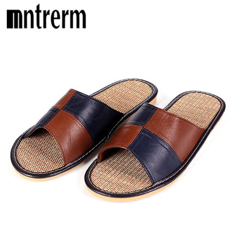 Mnterrm Hot Sale Men Home Slippers Linen Home Slippers Indoor Bedroom Sandals Couple Sheepskin Leather   Floor Slippers ► Photo 1/6