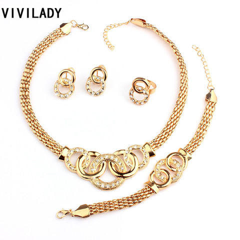 VIVILADY Classic Rhinestone Jewelry Sets Women Fashion African Round Gold Color Necklaces Bracelets Earring Ring Accessory Gift ► Photo 1/6