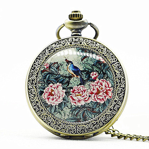 Fashion Flower Bird Pattern Quartz Pocket Watch Analog Pendant Necklace Mens Womens Watches Gift ► Photo 1/5