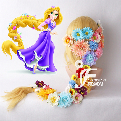 Tangled Cosplay Wig Princess Rapunzel Long Braids Artificial Flowers Headwear Women Blonde Synthetic Hair Adult ► Photo 1/1