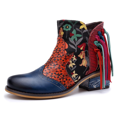 Vintage Bohemian Ankle Boots Women Shoes Genuine Leather Retro Printed Zip Block High Heels Ladies Shoes Boats Mujer ► Photo 1/5