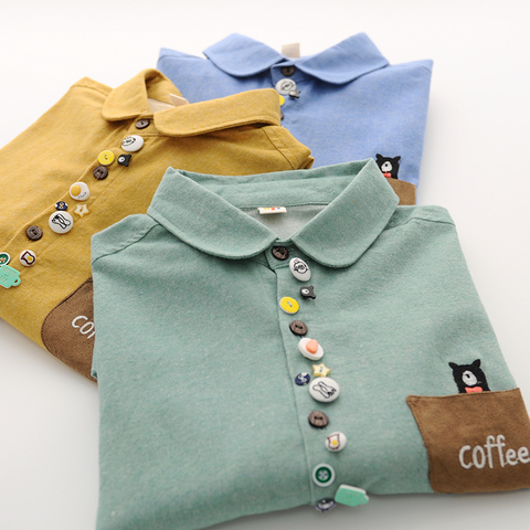 mori girl 2022 spring Colorful buttons peter pan collar long sleeve Brushed cotton shirt blouse ► Photo 1/5