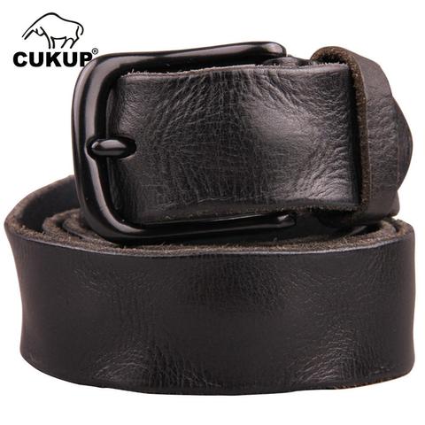 CUKUP Top Quality Wrinkle Pattern Cow Skin Leather Belts Black Alloy Clasp Buckle Metal Belt for Men Jeans Accessories NCK096 ► Photo 1/6